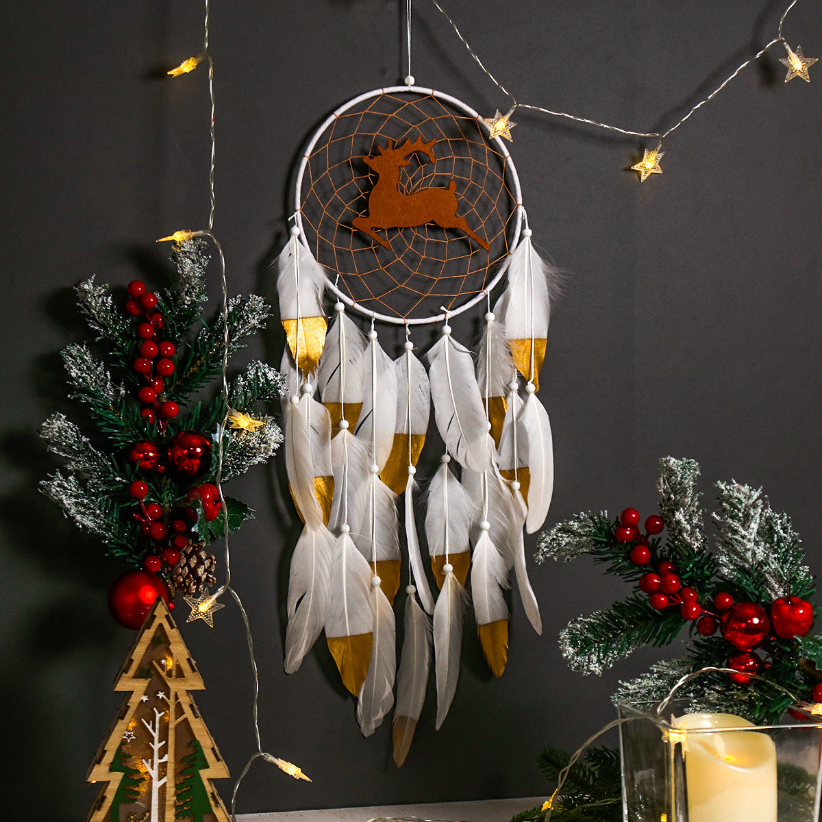 Fawn Dream Catcher White Double Feather Home Decor Elk Wall Hanging Decorations